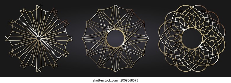 Set of decorative openwork round frames with gold abstract floral pattern. Circular ornament. Elegant elements for design. Vector.