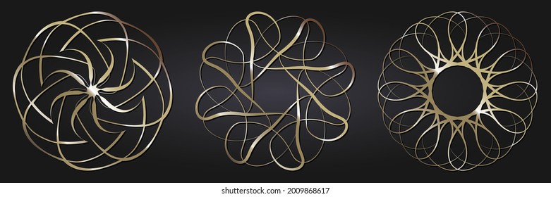 Set of decorative openwork round frames with gold abstract floral pattern. Circular ornament. Elegant elements for design. Vector.