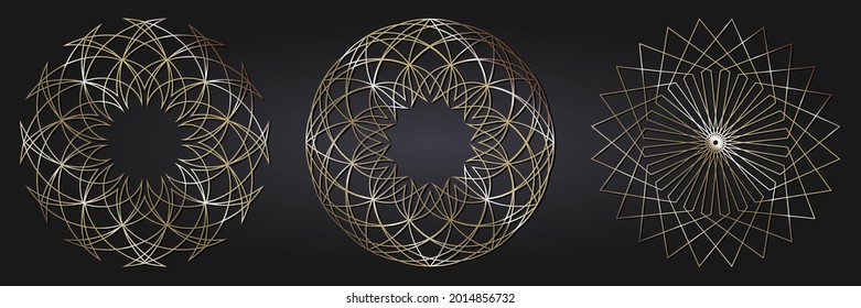 Set of decorative openwork round frames with gold abstract floral pattern. Circular ornament. Elegant elements for design. Vector.