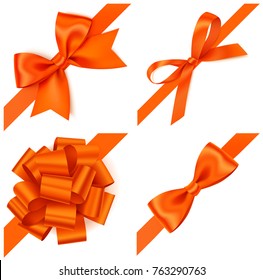 Set of decorative orange bows with diagonally orange ribbon on the corner. Vector orange bow isolated on white. Autumn design elements