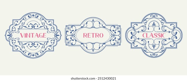 Set of decorative ornament design elements vintage typography vector illustration. Labels and badges, retro logo symbols, elegant calligraphy, vitage drink labels