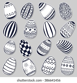 Set of decorative ornamental black and white easter eggs. Set of Easter eggs. Hand drawn decorative elements in vector. Pattern for coloring book. Zentangle