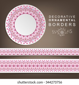 Set of decorative ornamental borders for your design. Circular and horizontal friezes with stylized colored ornamental pattern.