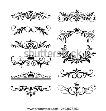 Set of decorative ornamental design elements, flourishes dividers. Vintage style frame borders collection for elegant art vector.