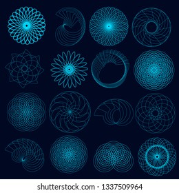 Set with decorative ornaments of blue lines on a dark background. Vector illustration