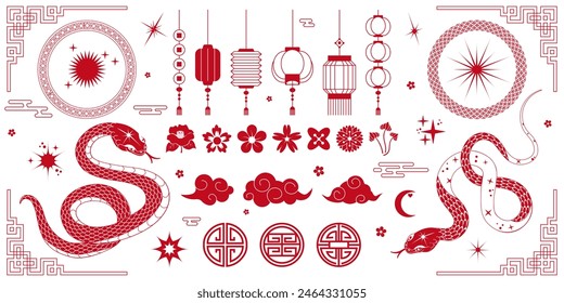 Conjunto de adornos decorativos en patrón de estilo chino, flor, linterna, nube, serpiente, aislado sobre fondo blanco. Nuevo año chino 2025. Ilustración vectorial en color rojo para tarjetas, estampados, carteles.