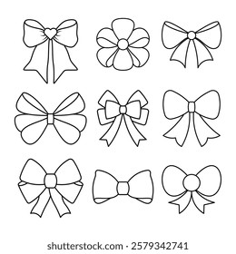 Set of Decorative Outline Bows Vector Illustration. Each bow showcases different styles, including ribbon bows with flowing tails, symmetrical bows, and compact minimalist designs.