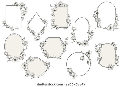 Set of decorative outline floral frames. Contour drawing with blooming floral branches. Vector illustration