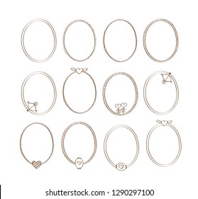 Set of decorative oval vintage frames with hearts. Elements for Valentine's Day, birthday, wedding. Doodles, sketch for your design. Vector illustration.