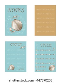 Set of decorative pages for notes and notebook covers. Seashell, smooth pebbles and air bubbles.  Vector illustration. Summer sea concept. Marine design