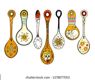 Set of decorative painted spoons in rustic style. Vector hand drawn illustration on white background.