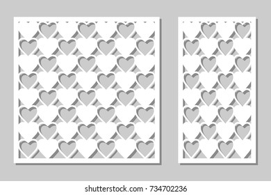 Set decorative panel laser cutting. wooden panel. Modern, elegant geometric heart patterns. Ratio of 1:2, 1:1. Vector illustration.