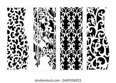 Set Of Decorative Panels With Floral Swirls And Crane Bamboo Pattern In Black And White