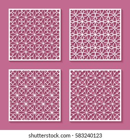 Set of decorative panels with lace patterns, square lattice ornaments for laser cutting or wood carving, cutout paper templates, elegant vector backgrounds for wedding invitation card, eps10