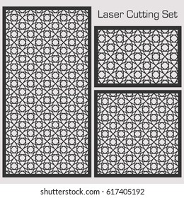 A set of decorative panels for laser cutting with a geometric pattern for cutting out paper, wood, metal.  Vector illustration.