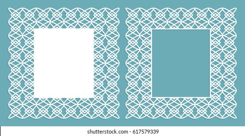 A set of decorative panels for laser cutting with a geometric pattern for cutting out paper, wood, metal. Photo frame. Frame. Vector illustration.
