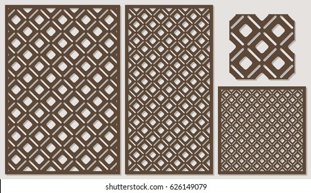 Set of decorative panels laser cutting. a wooden panel. Modern elegant classic diagonal square pattern allover. The ratio 2:3, 1:2, 1:1, seamless. Vector illustration.