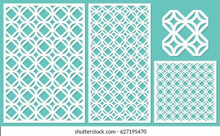Set of decorative panels laser cutting. a wooden panel. Modern and elegant linear repeating pattern in square shapes. The ratio 2:3, 1:2, 1:1, seamless. Vector illustration.