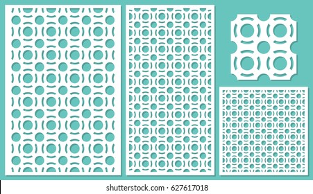 Set of decorative panels laser cutting. a wooden panel. Modern elegant round geometric pattern allover. The ratio 2:3, 1:2, 1:1, seamless. Vector illustration.