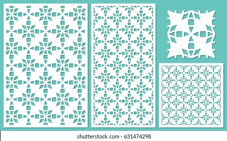 Set of decorative panels laser cutting. Universal mosaic geometric pattern. The ratio of 2: 3, 1: 2, 1: 1. Vector illustration.