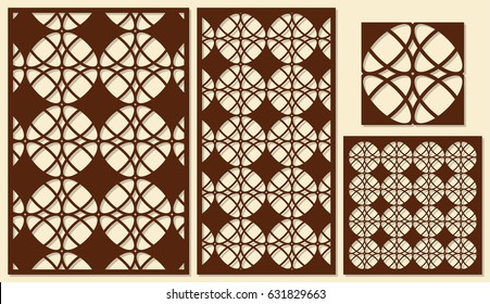 Set of decorative panels laser cutting. Repeated geometric pattern. The ratio of 2: 3, 1: 2, 1: 1. Vector illustration.