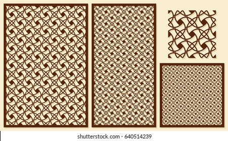 Set of decorative panels laser cutting. Template geometric pattern. The ratio of 2: 3, 1: 2, 1: 1, seamless. Vector illustration.