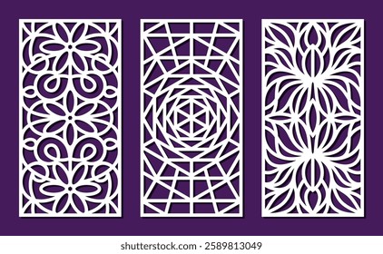 Set of decorative panels. Rectangular lattices with geometric linear pattern, openwork floral ornament. Template for plotter laser cutting of paper, fretwork, wood carving, metal engraving, cnc. 