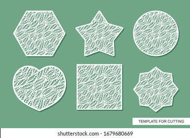 Conjunto de paneles decorativos en forma de corazón, círculo, cuadrado, hexágono, estrella. Tema botánico con adorno floral abierto de hojas. Plantilla vectorial para corte láser, tallado, grabado, corte de papel