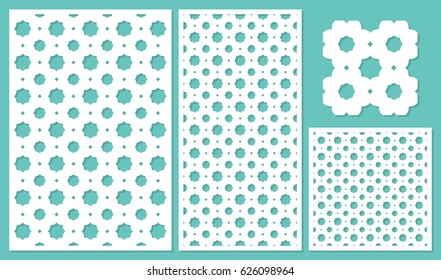 Set decorative panels-laser cutting, wood panel. Geometric repeating pattern. The ratio 2:3, 1:2, 1:1, seamless. Vector illustration.