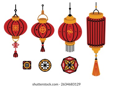 Set mit dekorativen Papierlaternen. Festliche Straßenbeleuchtung in asiatischer, japanischer und chinesischer Tradition. Einfache flache rote Laternen mit Ornament-Elementen. Vektorgrafik.