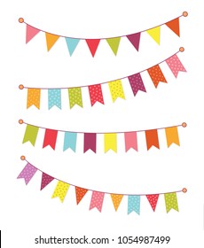 set of decorative party pennants with different sizes and lengths. Celebrate flags. Rainbow garland. Birthday decoration. Hanging colored flags. Vector graphic illustration, EPS10.
