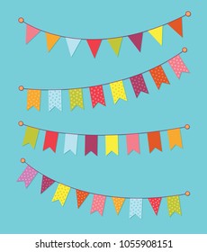 set of decorative party pennants with different sizes and lengths. Celebrate flags. Rainbow garland. Birthday decoration. Hanging colored flags.. Vector graphic illustration, EPS10.

