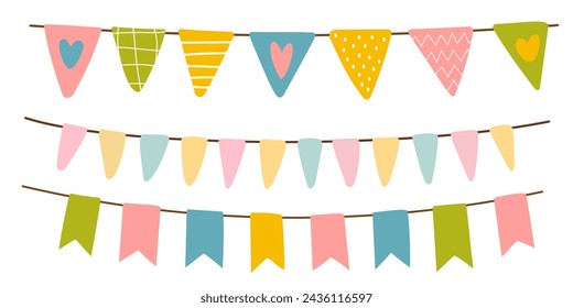 Set of decorative party string garland. Celebrate hanging colored flags for baby products, fabrics, packaging, covers, invitation. Vector stock illustration