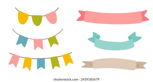 Set of decorative party string garland. Celebrate hanging colored flags, ribbons for baby products, fabrics, packaging, covers, invitation. Vector stock illustration