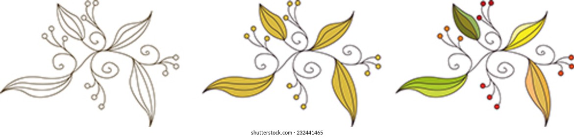 Set of decorative pattern of plants with leaves and berries