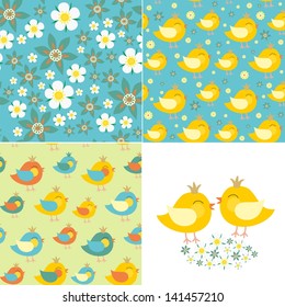 Set of decorative patterns with chickens and spring flowers