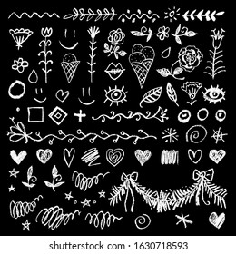 A set of decorative patterns drawn with chalk on blackboard. Floral templates and frames. Elements can be used for posters and menus. Decorative elements: flowers, leaves, sun, eye, waves, hearts.