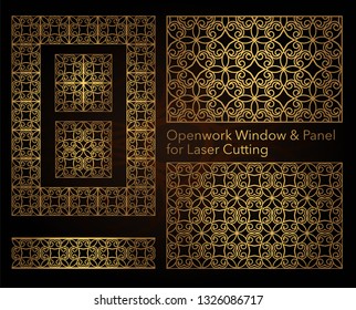 A set of decorative patterns for laser cutting. A through rectangular geometric pattern for metal, wood, paper, engraving, stencil. Vector illustration design.