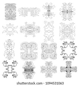 Set with decorative patterns and ornaments. Ornaments of various shapes. Black and white ornamnts from lines. Vector illustration.