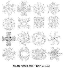 Set with decorative patterns and ornaments. Ornaments of various shapes. Black and white ornamnts from lines. Vector illustration.