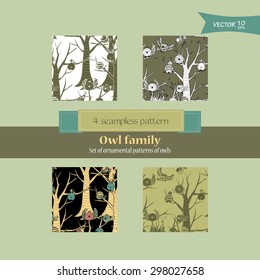 set of decorative patterns of owls and trees