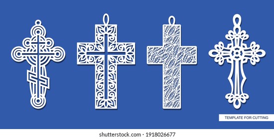 Set of decorative pendant crosses. Openwork ornament of curls, rings, leaf patterns, plant elements. Religious theme. Cute symbol of Easter, Christmas. Vector template for plotter laser cutting, cnc.