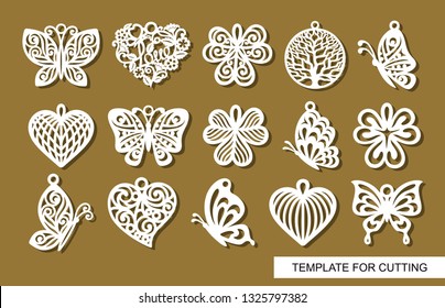 Conjunto de pendientes decorativos. Decoración en forma de mariposas, hojas de trébol, árbol redondo de la vida y corazones de encaje. Plantilla para corte láser, talla de madera, corte de papel o impresión.