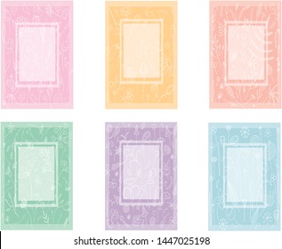 A set of decorative photo frames, greeting cards or cards for invitations with floral patterns in pastel colors. For decoration of a holiday or wedding. Elements drawn by hand.