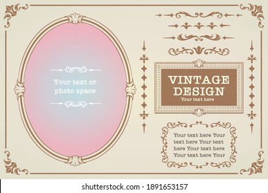 Set of decorative photo frames and ornaments, dividers in vintage style. Vector illustration.
