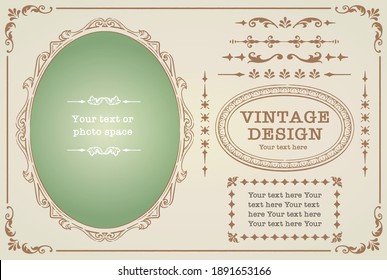 Set of decorative photo frames and ornaments, dividers in vintage style. Vector illustration.