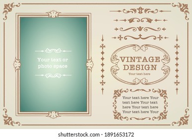 Set of decorative photo frames and ornaments, dividers in vintage style. Vector illustration.