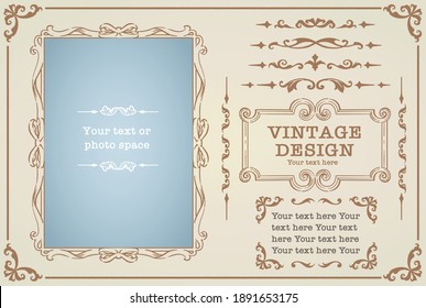 Set of decorative photo frames and ornaments, dividers in vintage style. Vector illustration.