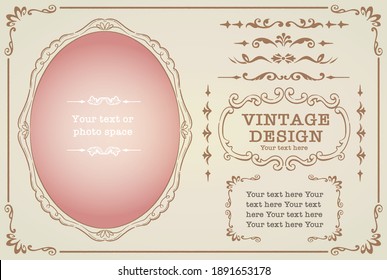 Set of decorative photo frames and ornaments, dividers in vintage style. Vector illustration.