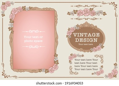 Conjunto de marcos y adornos de fotos decorativos, separadores con flores de estilo vintage. Ilustración vectorial.